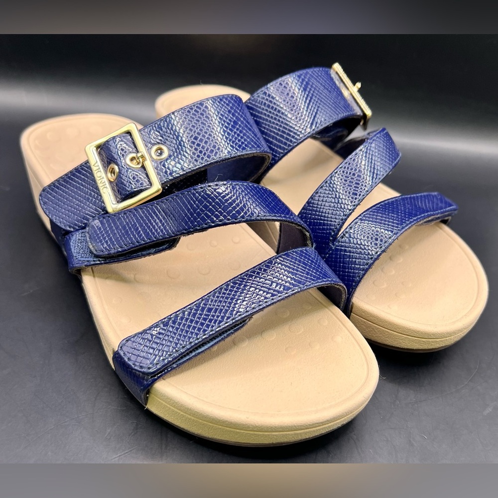 Vionic - Rio Lizard, Navy Strappy Sandals with Gold Buckle, Womens Size:6